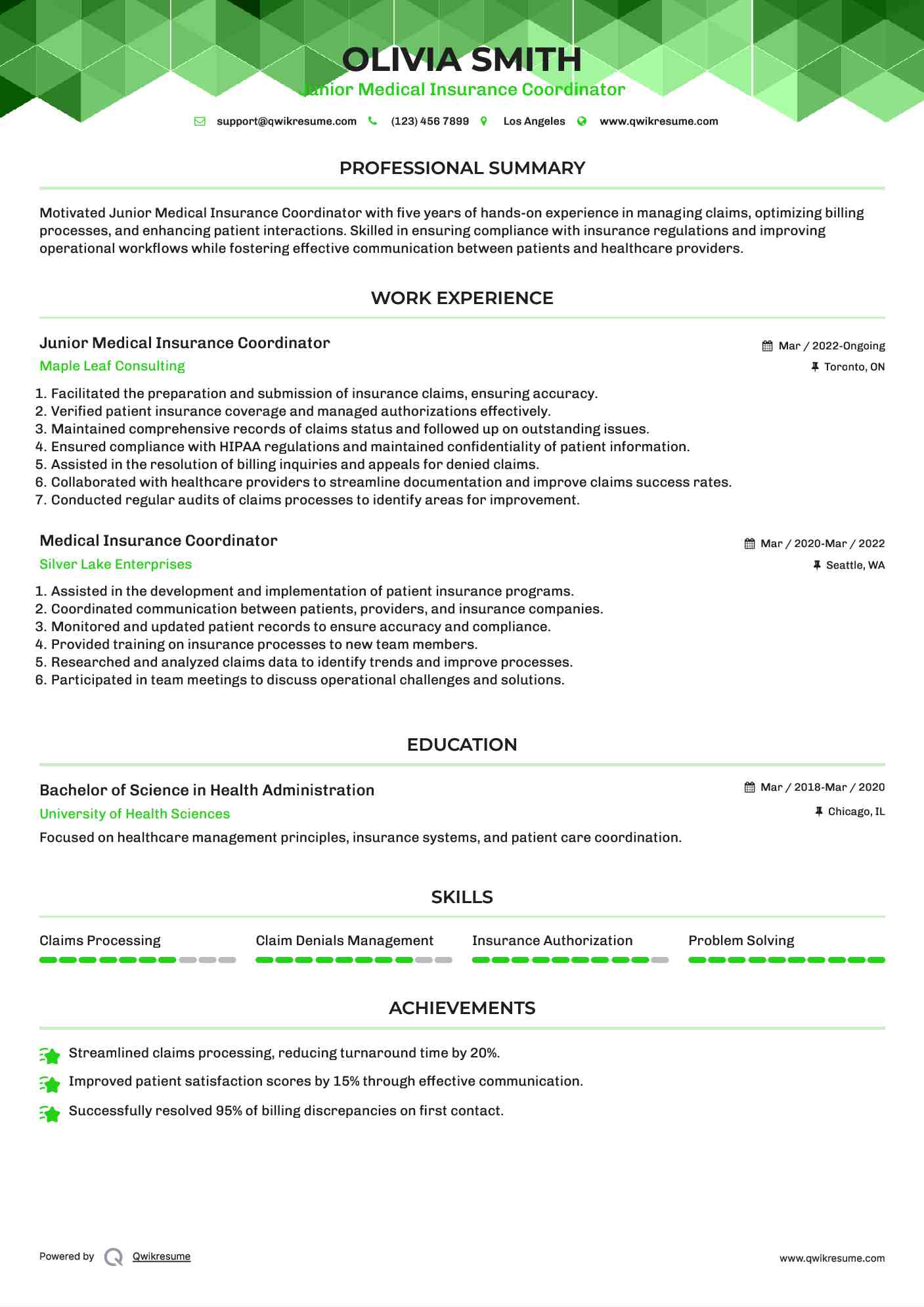 Junior Medical Insurance Coordinator Resume Example