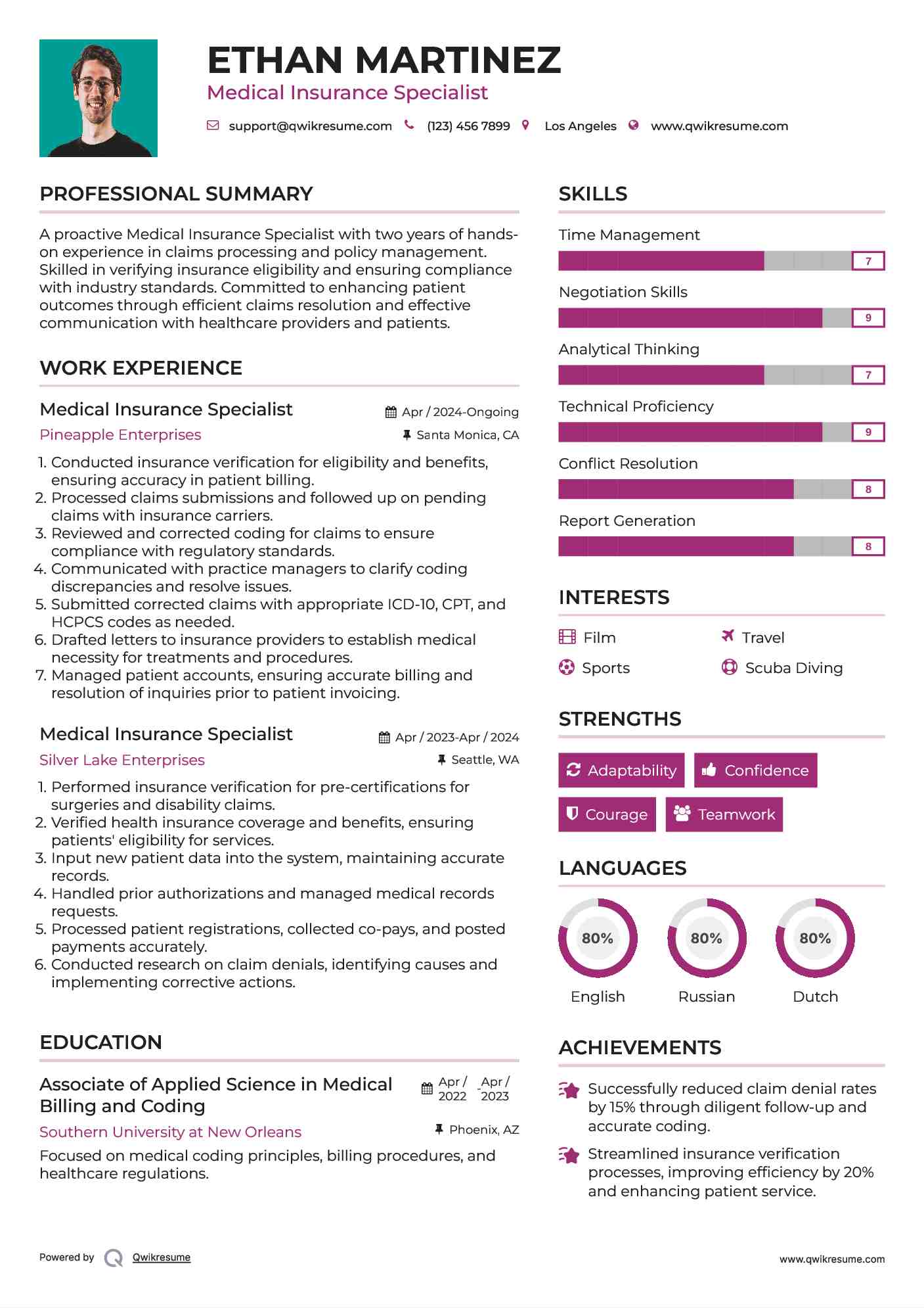 Medical Insurance Specialist Resume Format