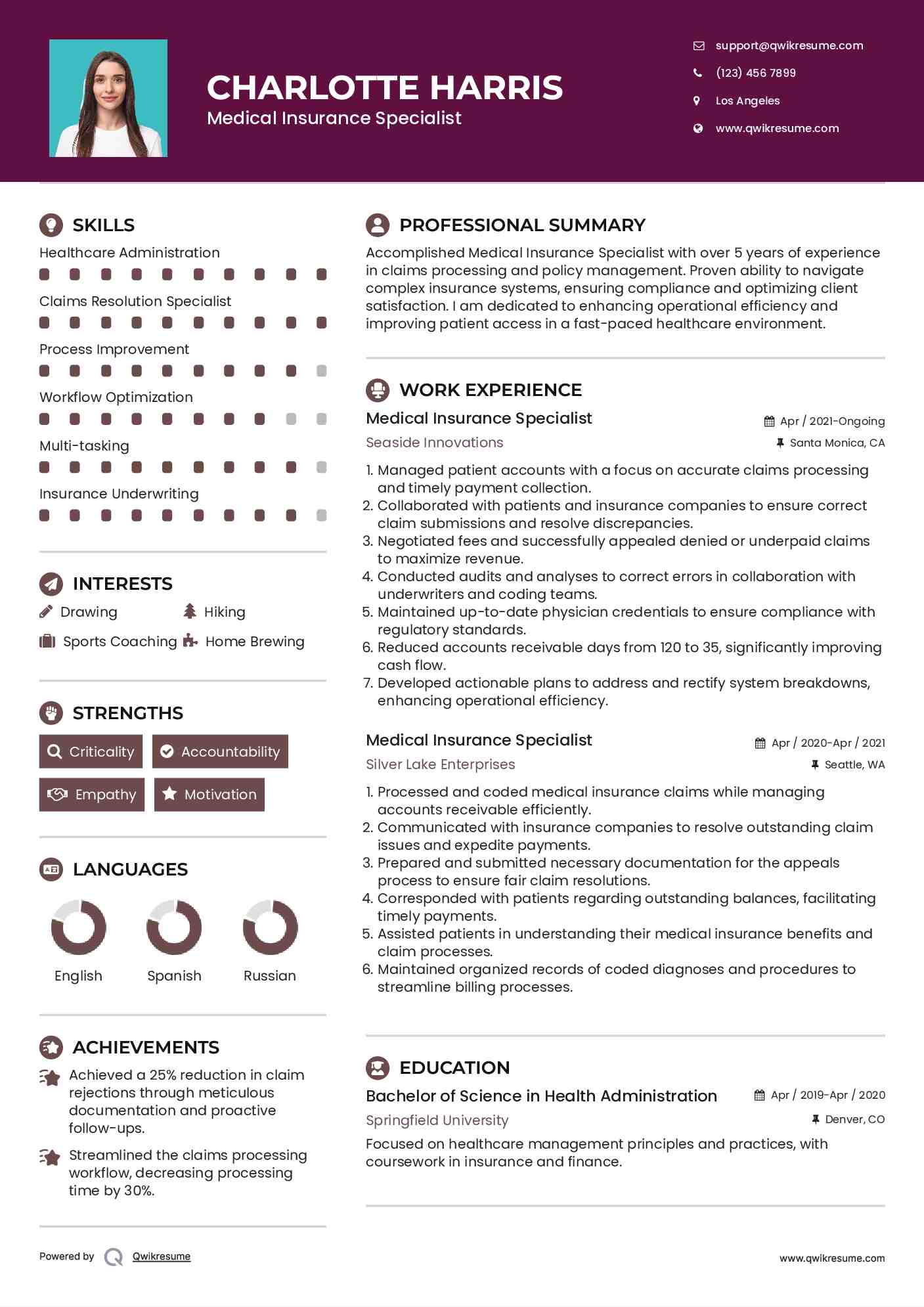 Medical Insurance Specialist Resume Sample