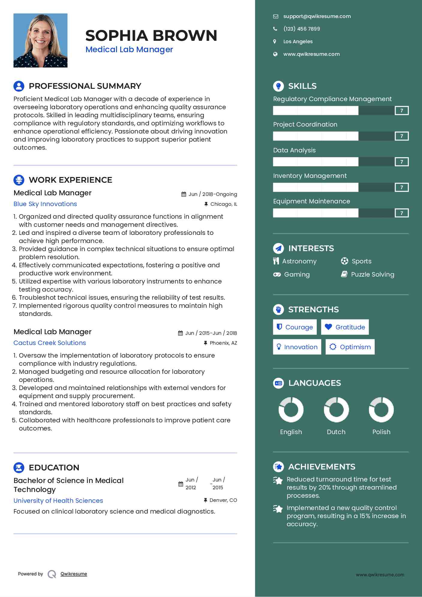 Medical Lab Manager Resume Template