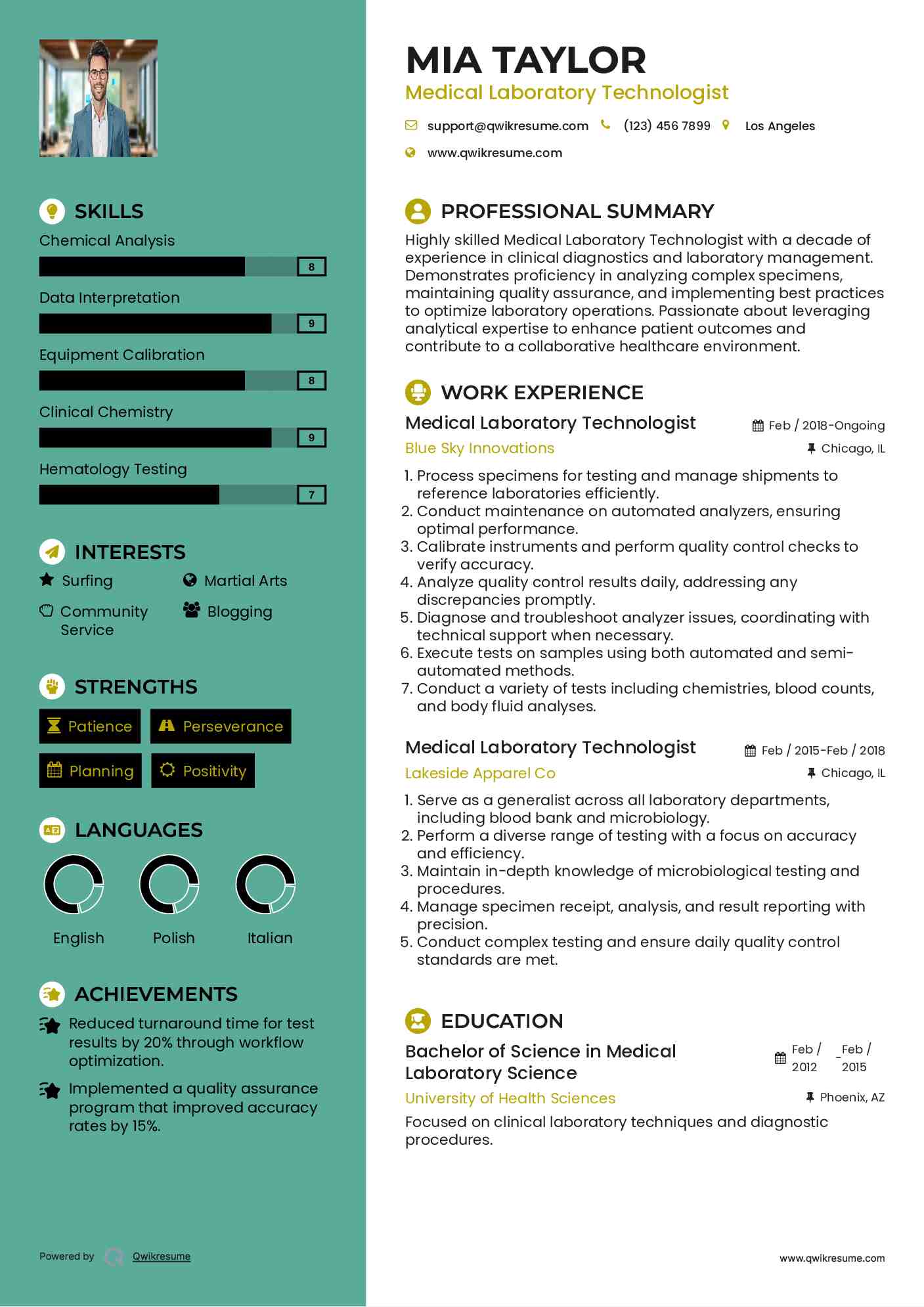 Medical Laboratory Technologist Resume Samples | QwikResume