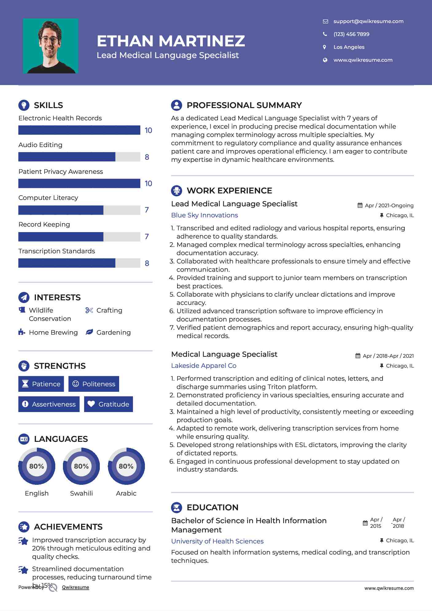 Lead Medical Language Specialist Resume Format
