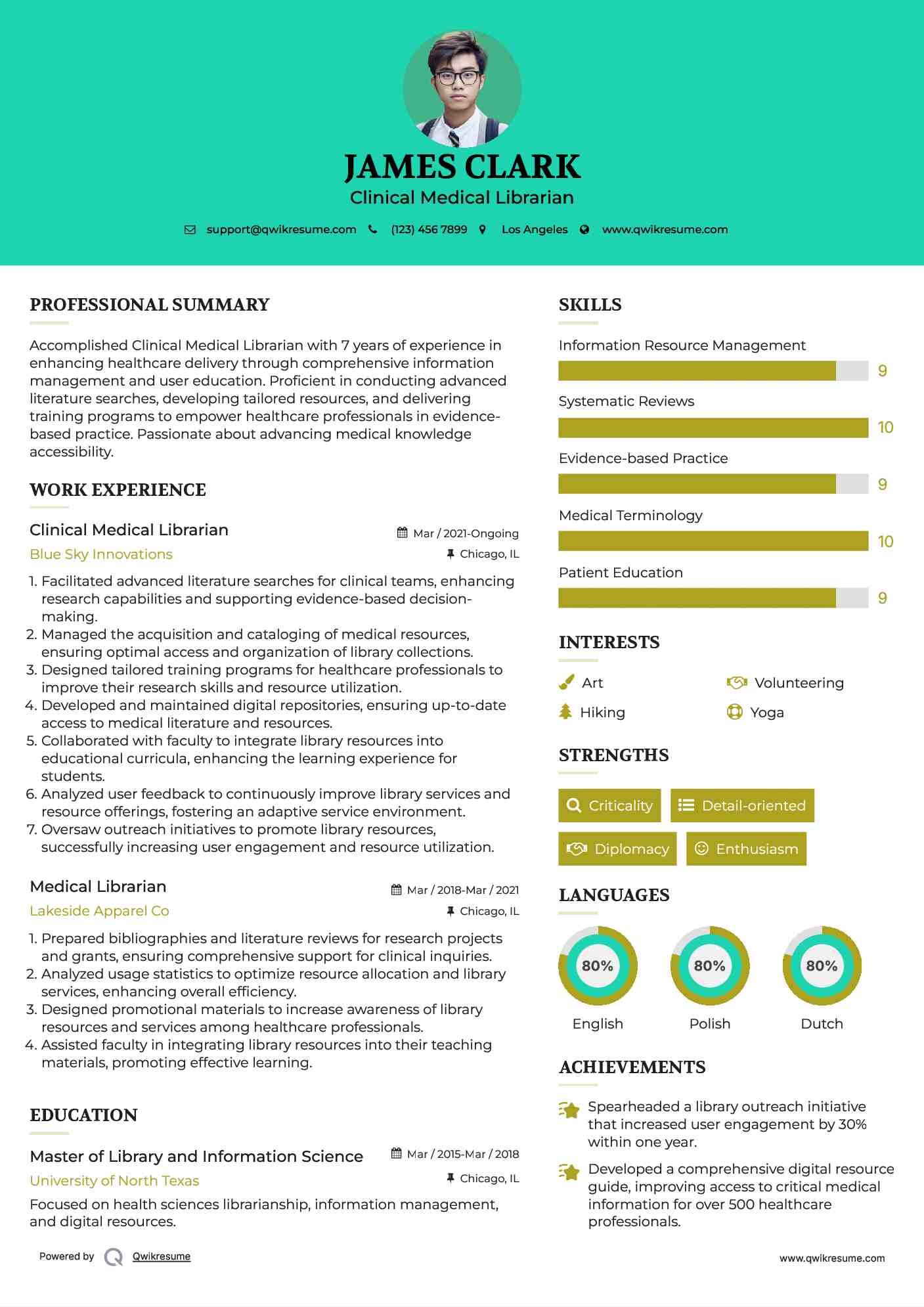 Clinical Medical Librarian Resume Format