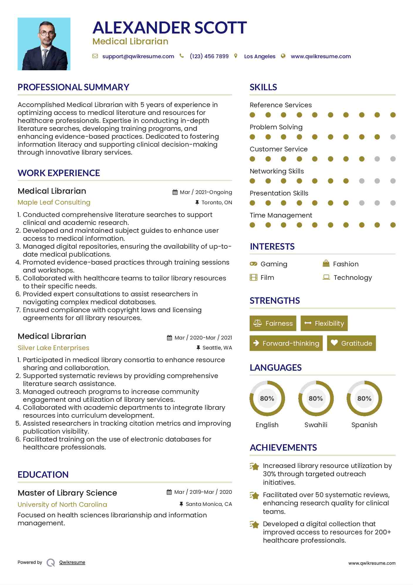 Medical Librarian Resume Example