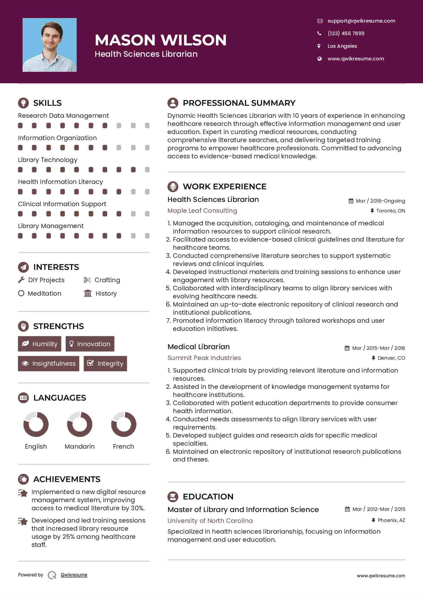 Health Sciences Librarian Resume Example