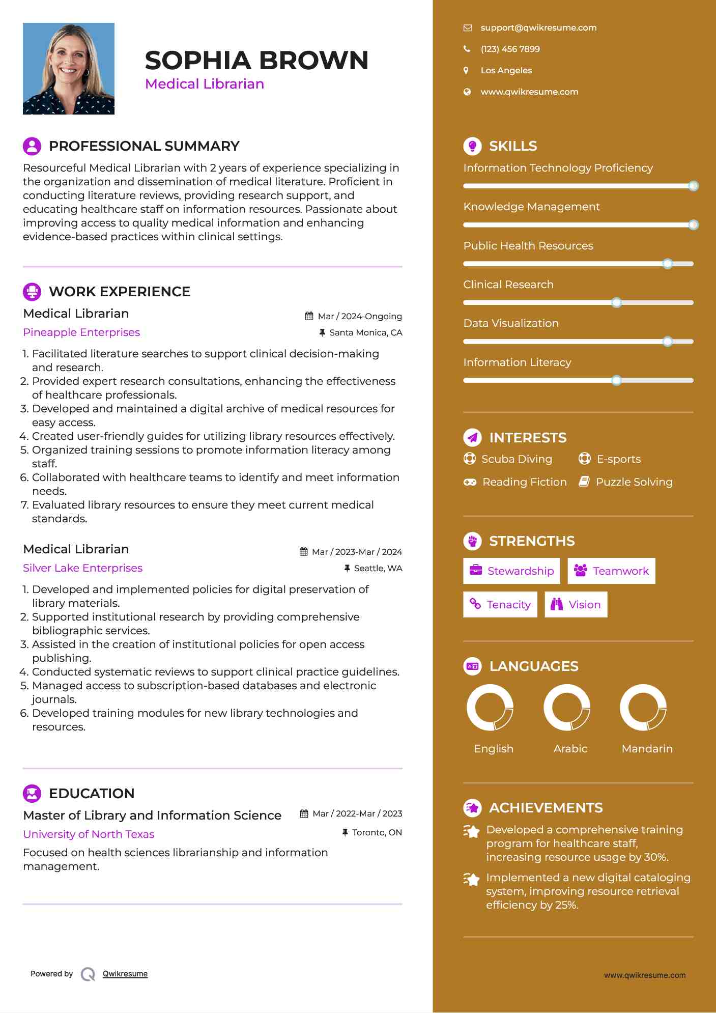 Medical Librarian Resume Example