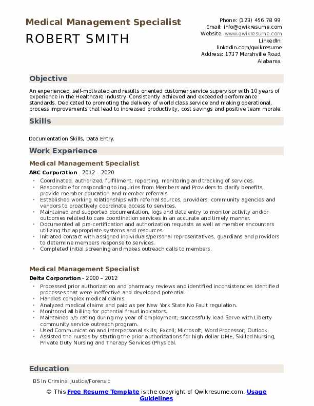 Medical Management Specialist Resume Samples QwikResume