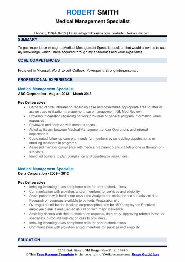 Medical Management Specialist Resume Samples QwikResume
