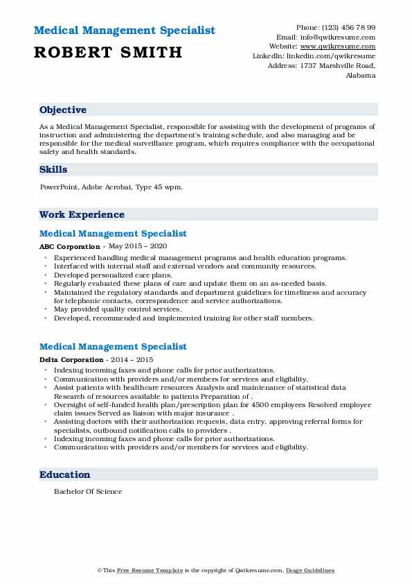 Medical Management Specialist Resume Samples QwikResume