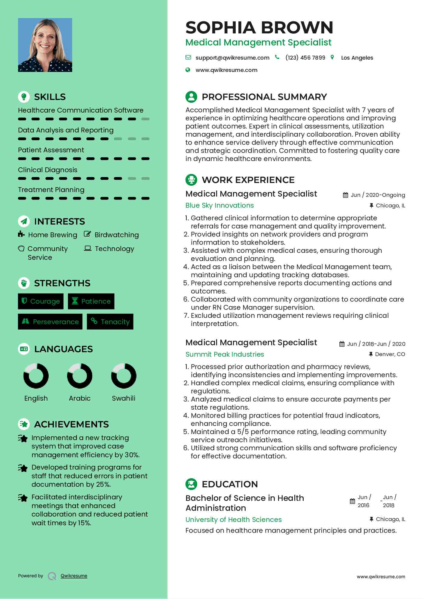 Medical Management Specialist Resume Sample