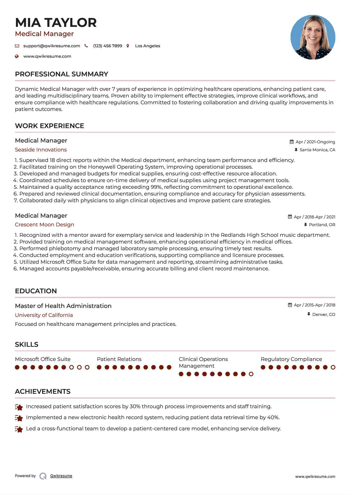 Medical Manager Resume Sample