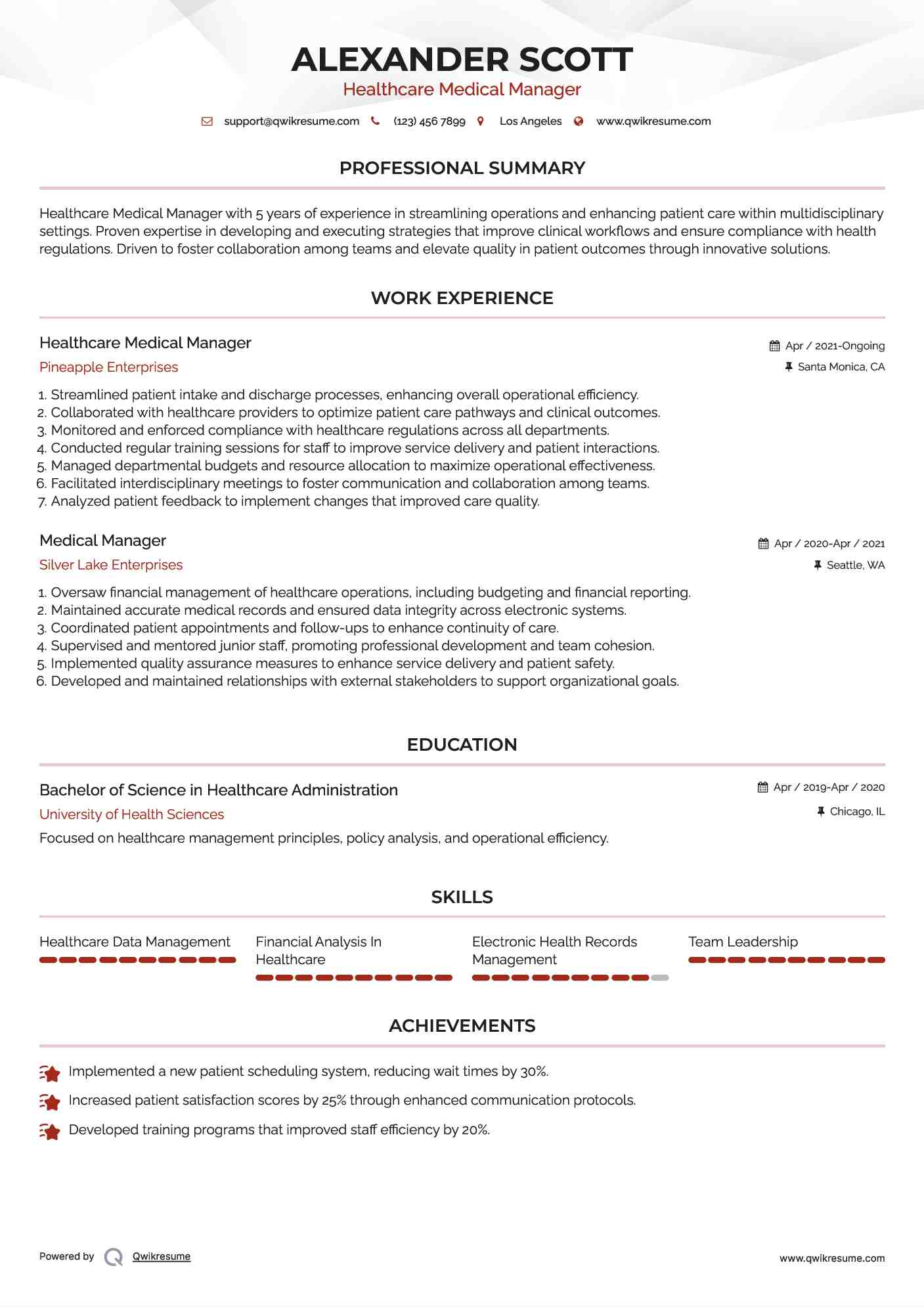 Healthcare Medical Manager Resume Format