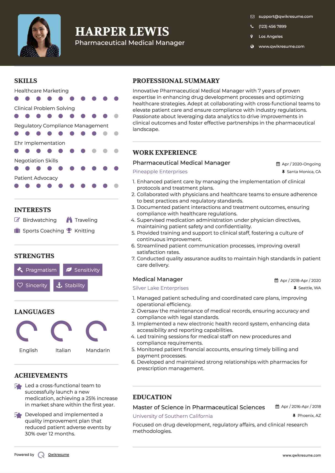 Pharmaceutical Medical Manager Resume Sample