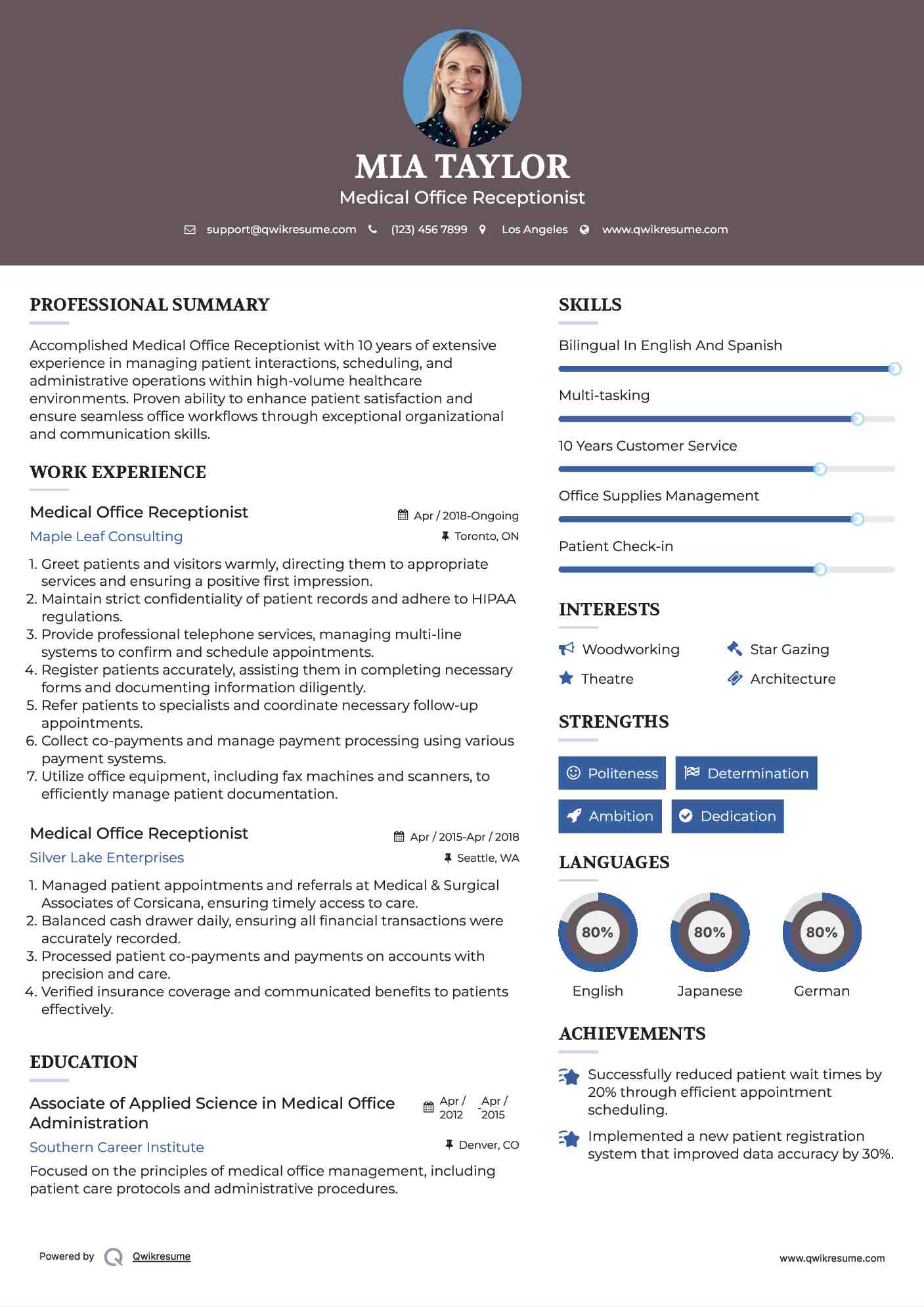 Medical Office Receptionist Resume Sample