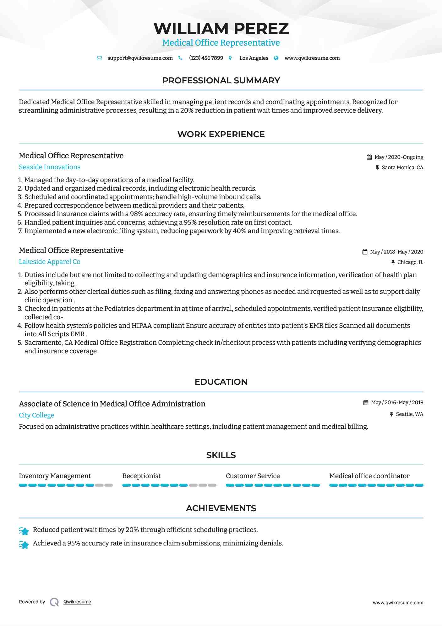 Medical Office Representative Resume Template