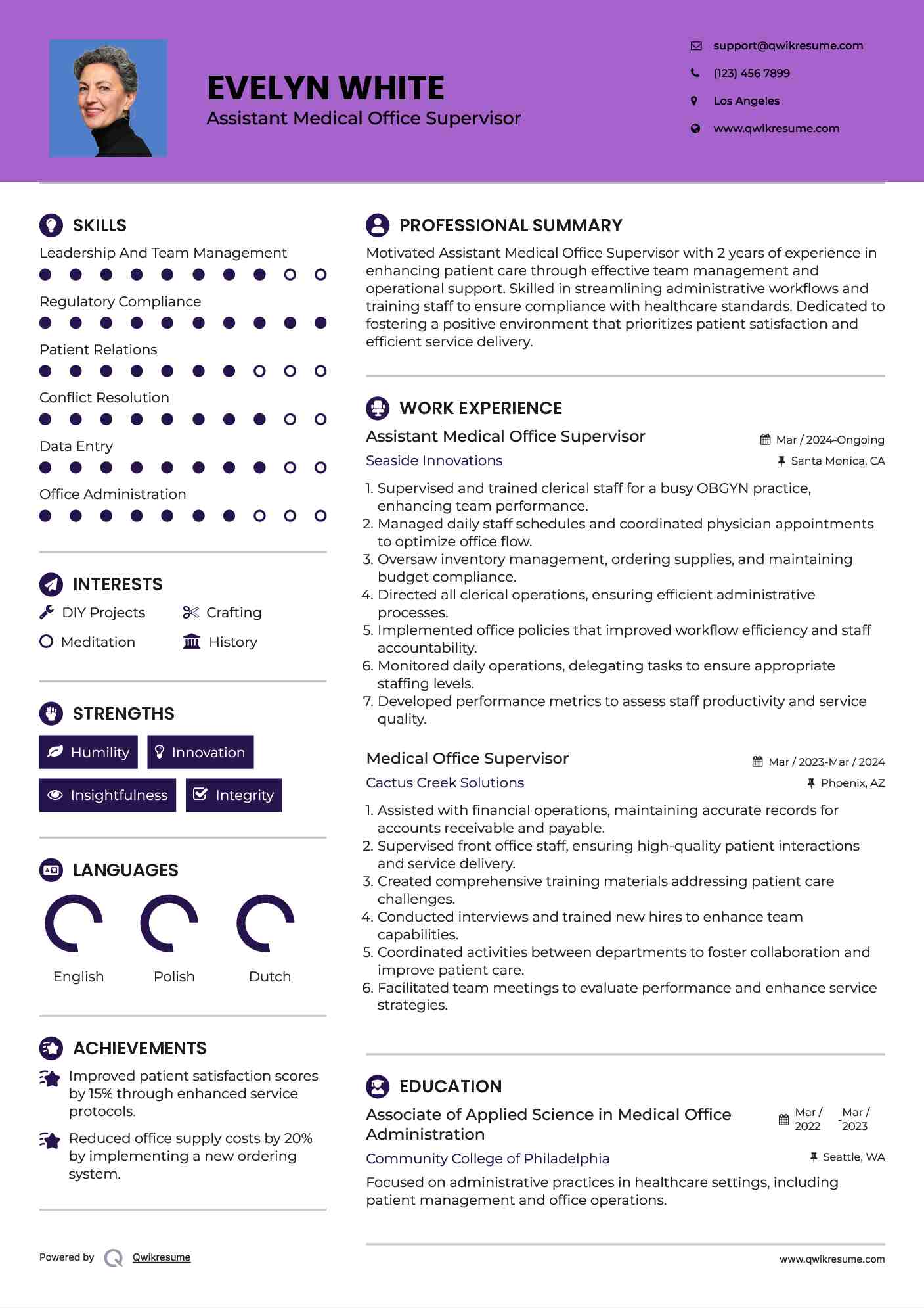 Assistant Medical Office Supervisor Resume Template