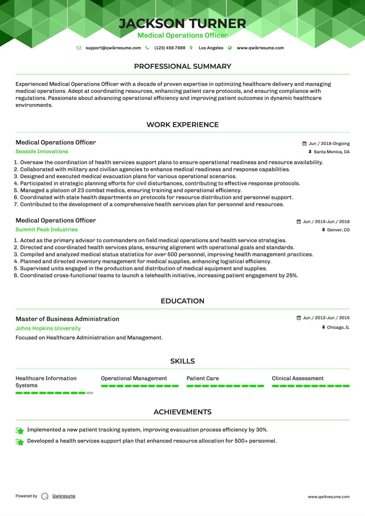 Medical Operations Officer Resume Format