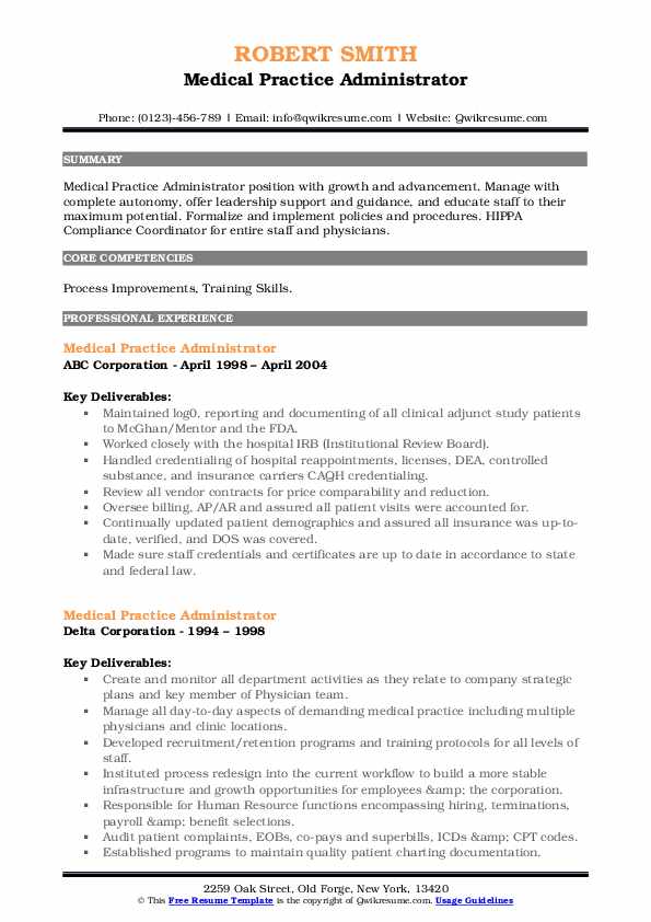 Medical Practice Administrator Resume Samples QwikResume