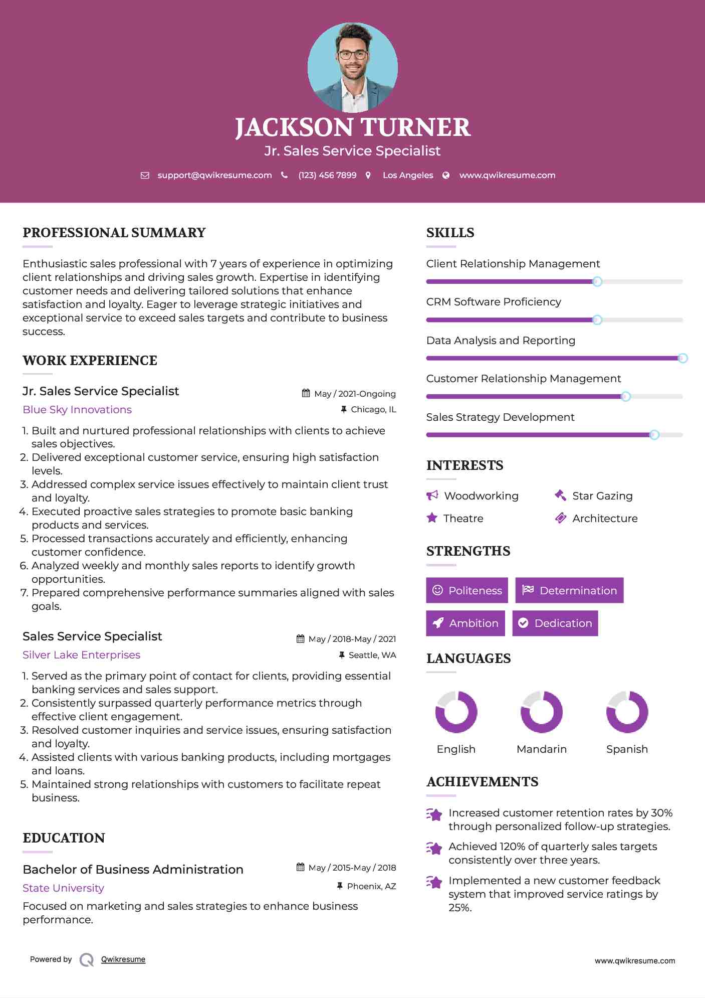 Jr. Sales Service Specialist Resume Format