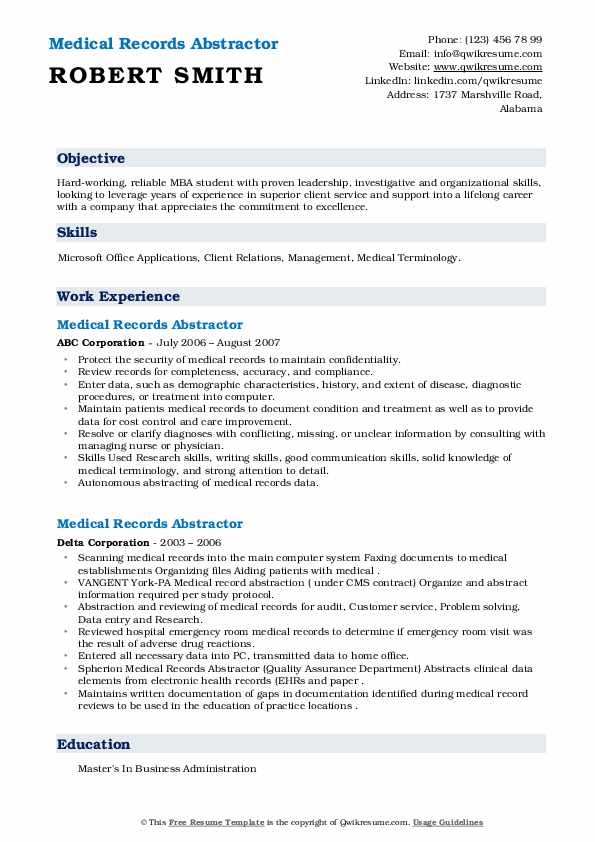 Medical Records Abstractor Resume Samples QwikResume