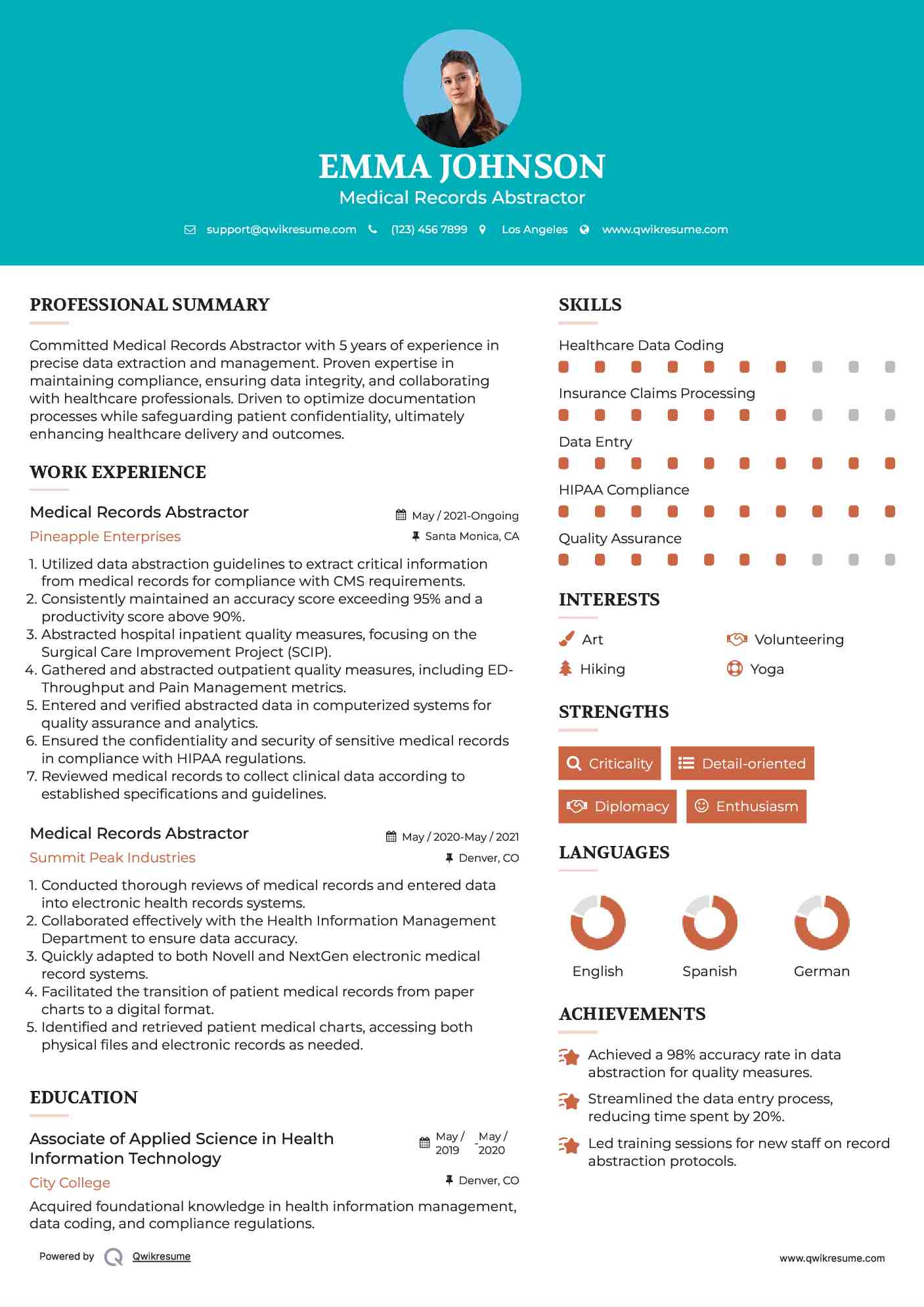 Medical Records Abstractor Resume Samples QwikResume