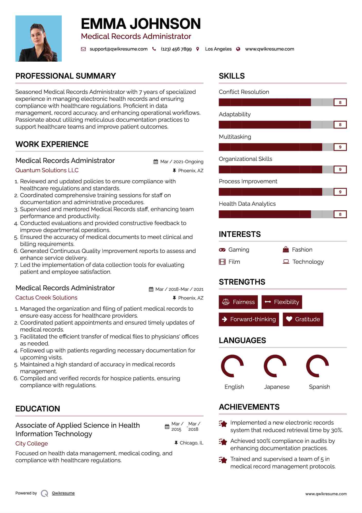 Medical Records Administrator Resume Samples QwikResume