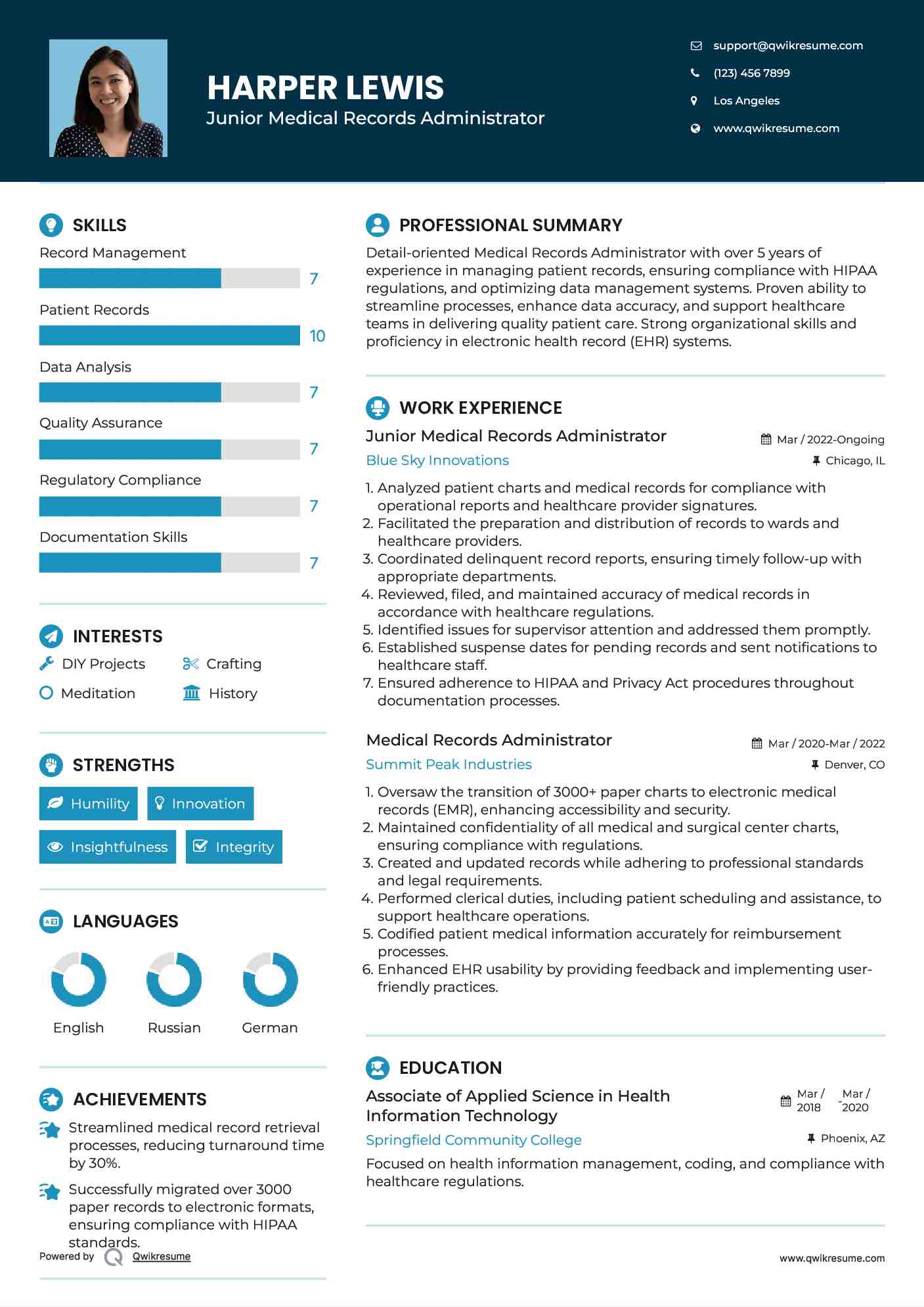 Junior Medical Records Administrator Resume Example