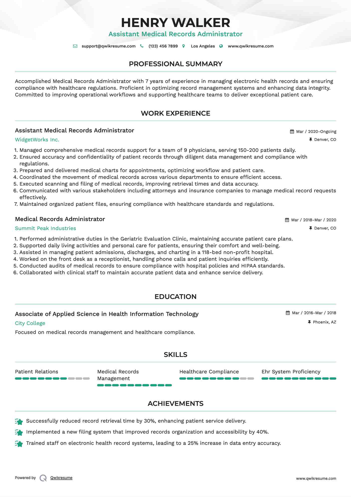 Assistant Medical Records Administrator Resume Sample