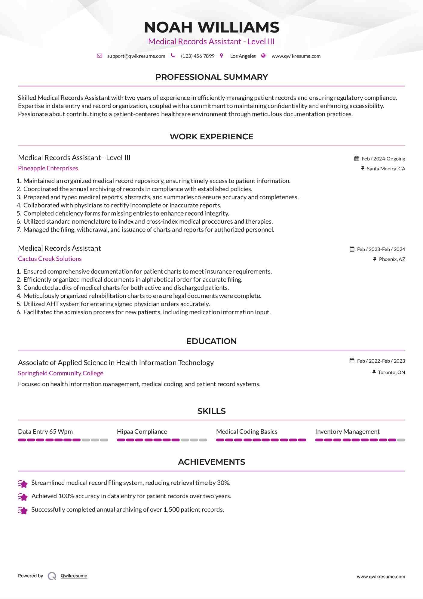 Medical Records Assistant - Level III Resume Sample