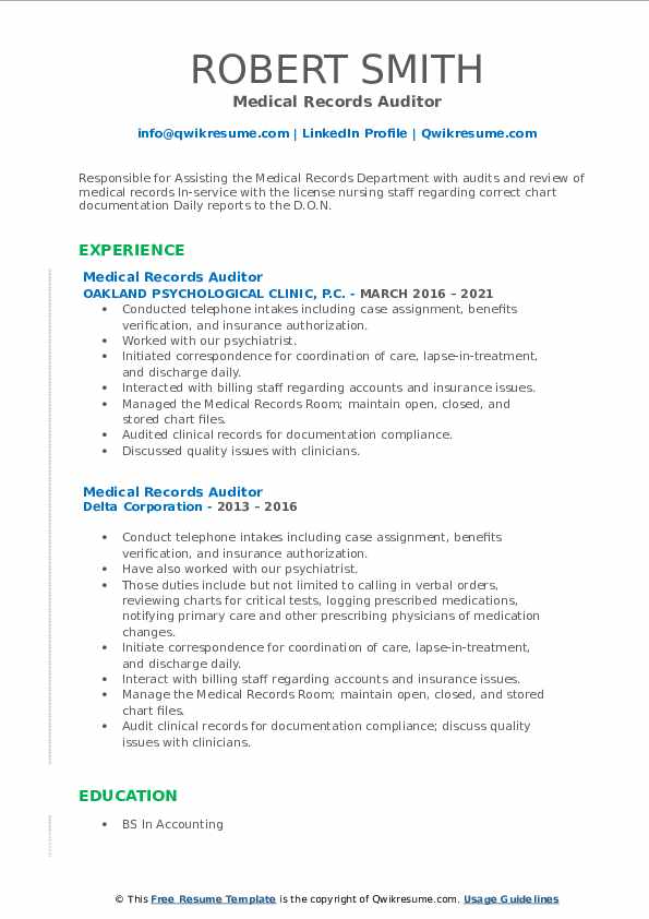 Medical Records Auditor Resume Samples QwikResume