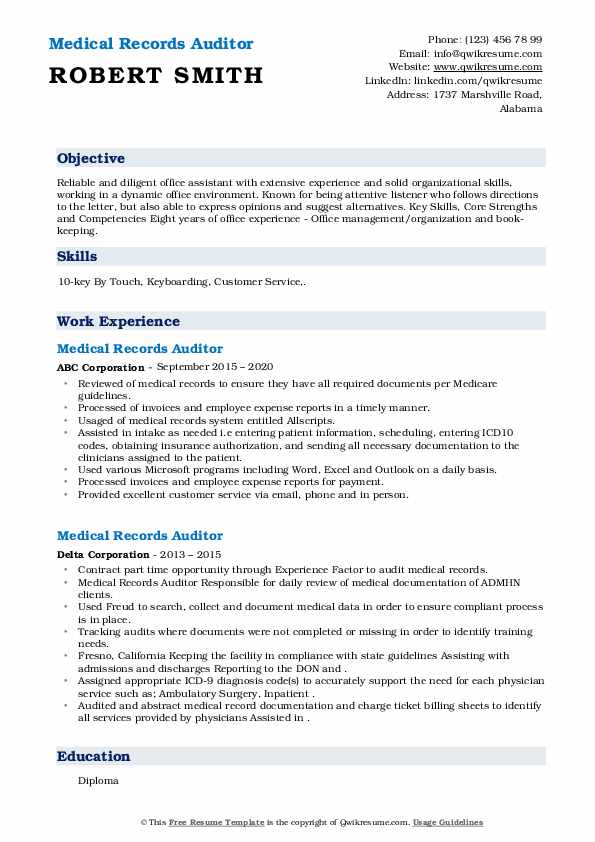 Medical Records Auditor Resume Samples QwikResume