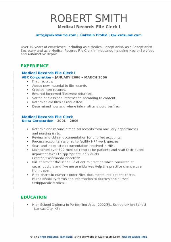 Medical Records File Clerk Resume Samples QwikResume