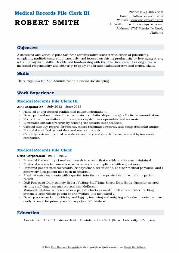 Medical Records File Clerk Resume Samples QwikResume