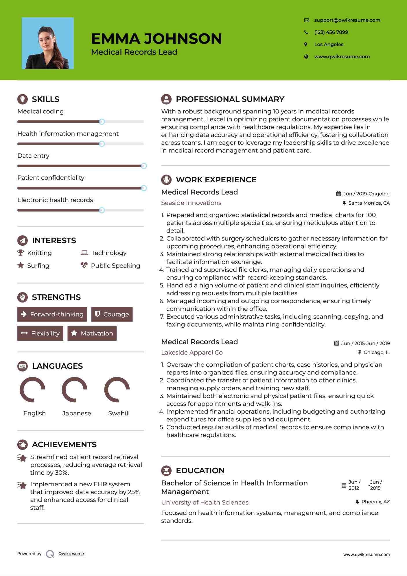 Medical Records Lead Resume Example