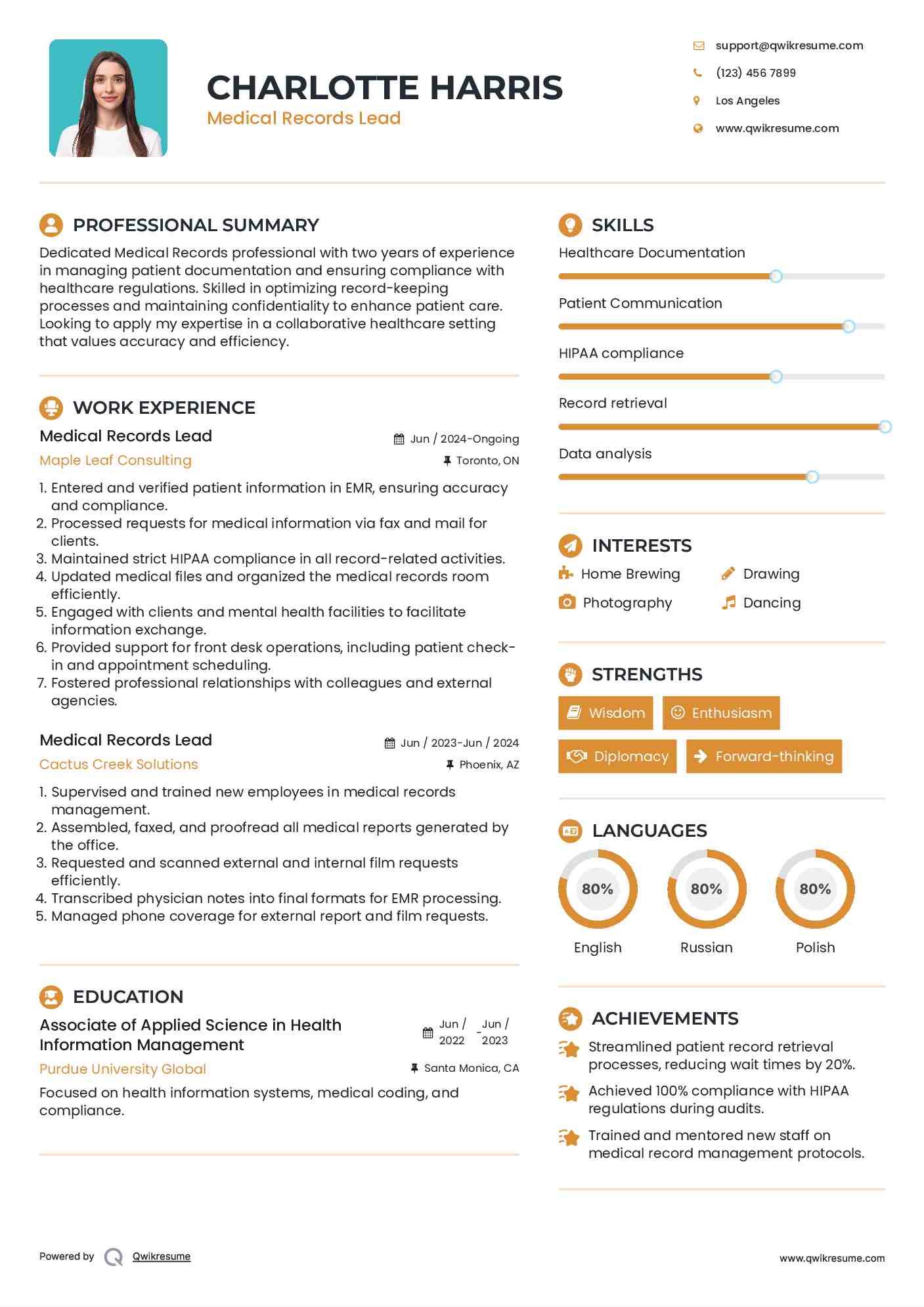 Medical Records Lead Resume Example