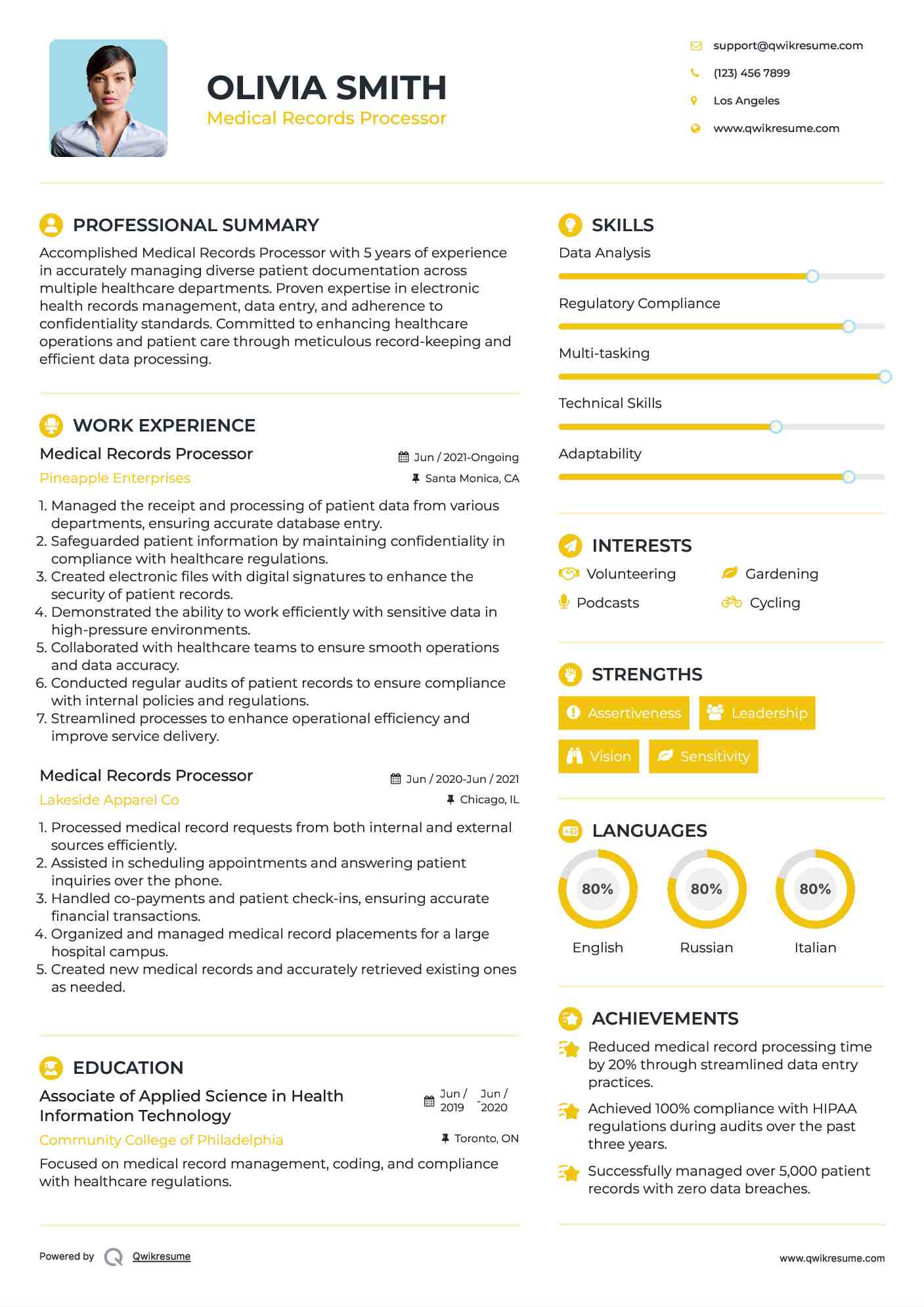 Medical Records Processor Resume Example