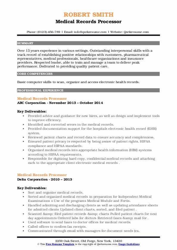 Medical Records Processor Resume Samples QwikResume