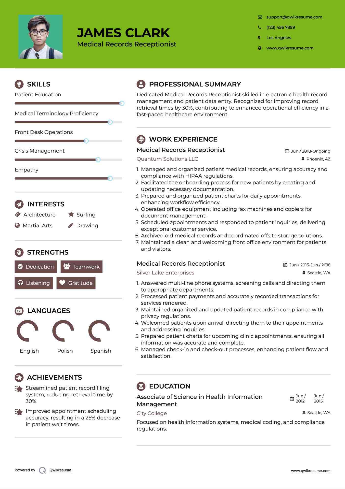 Medical Records Receptionist Resume Model
