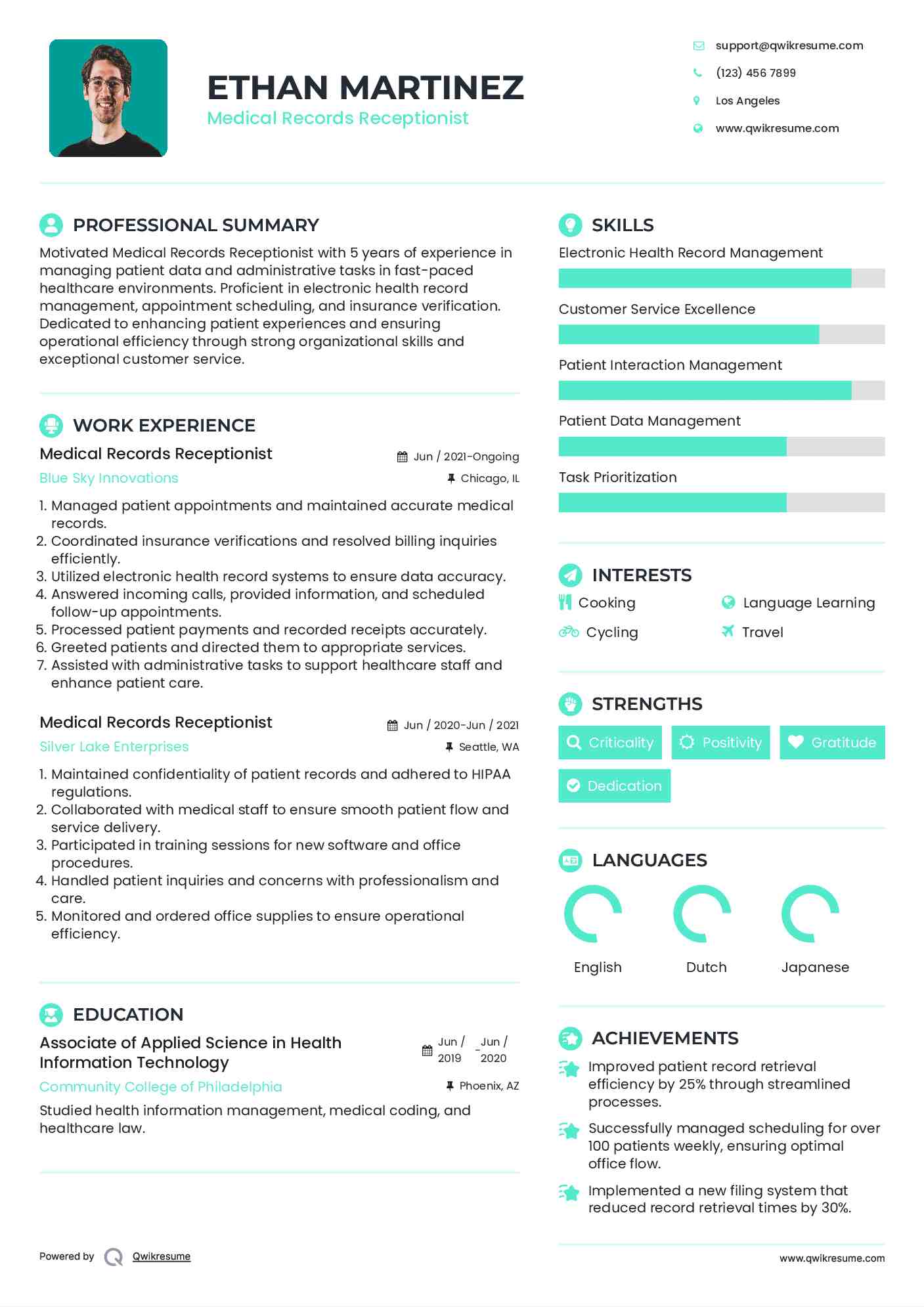 Medical Records Receptionist Resume Sample