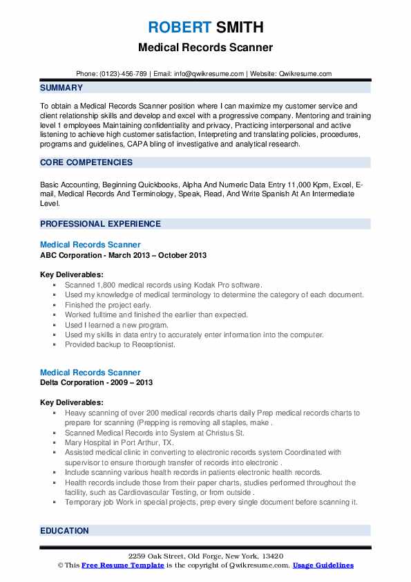 Medical Records Scanner Resume Samples QwikResume