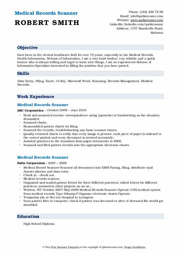 Medical Records Scanner Resume Samples QwikResume