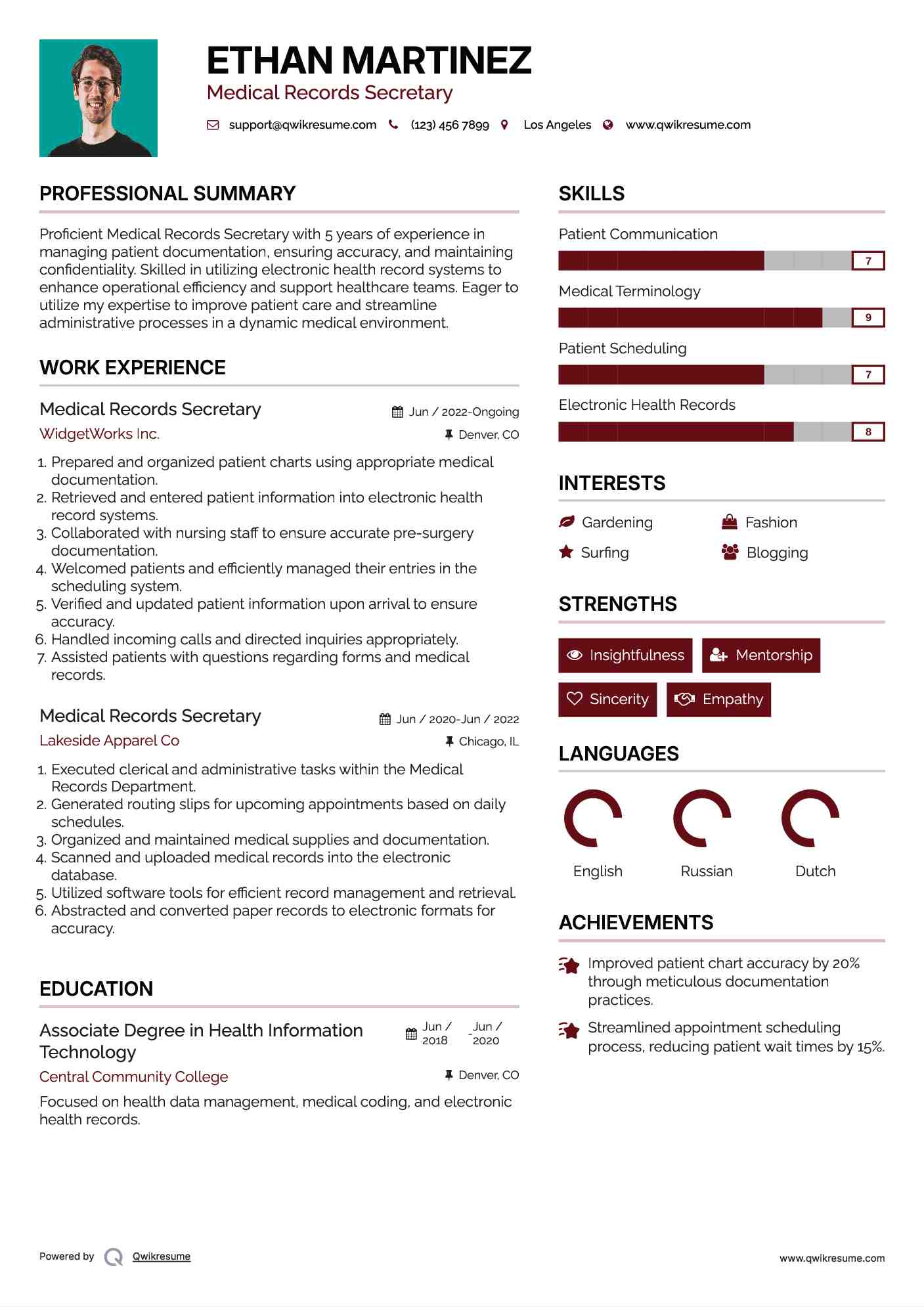 Medical Records Secretary Resume Template