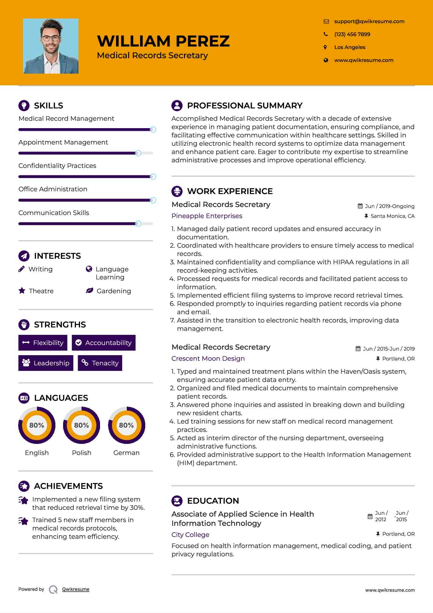 Medical Records Secretary Resume Model