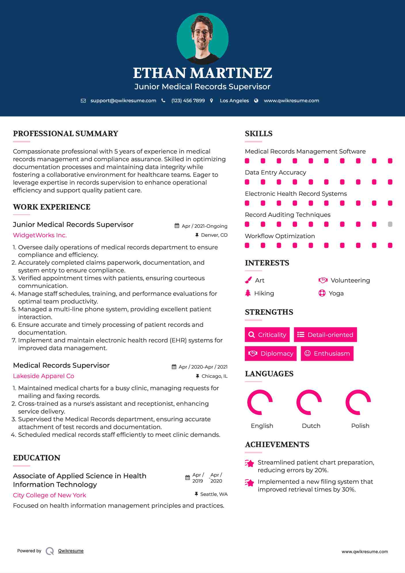 Junior Medical Records Supervisor Resume Example