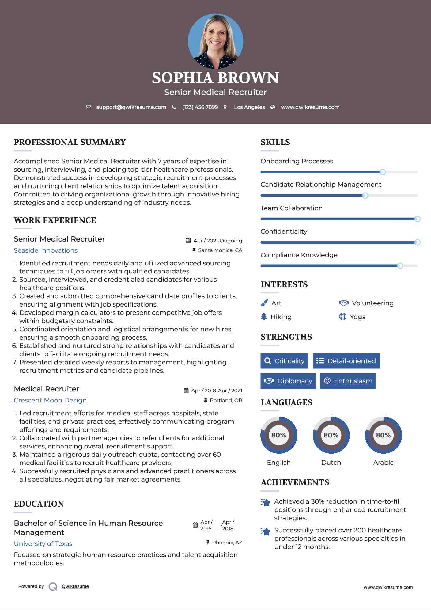 Senior Medical Recruiter Resume Example