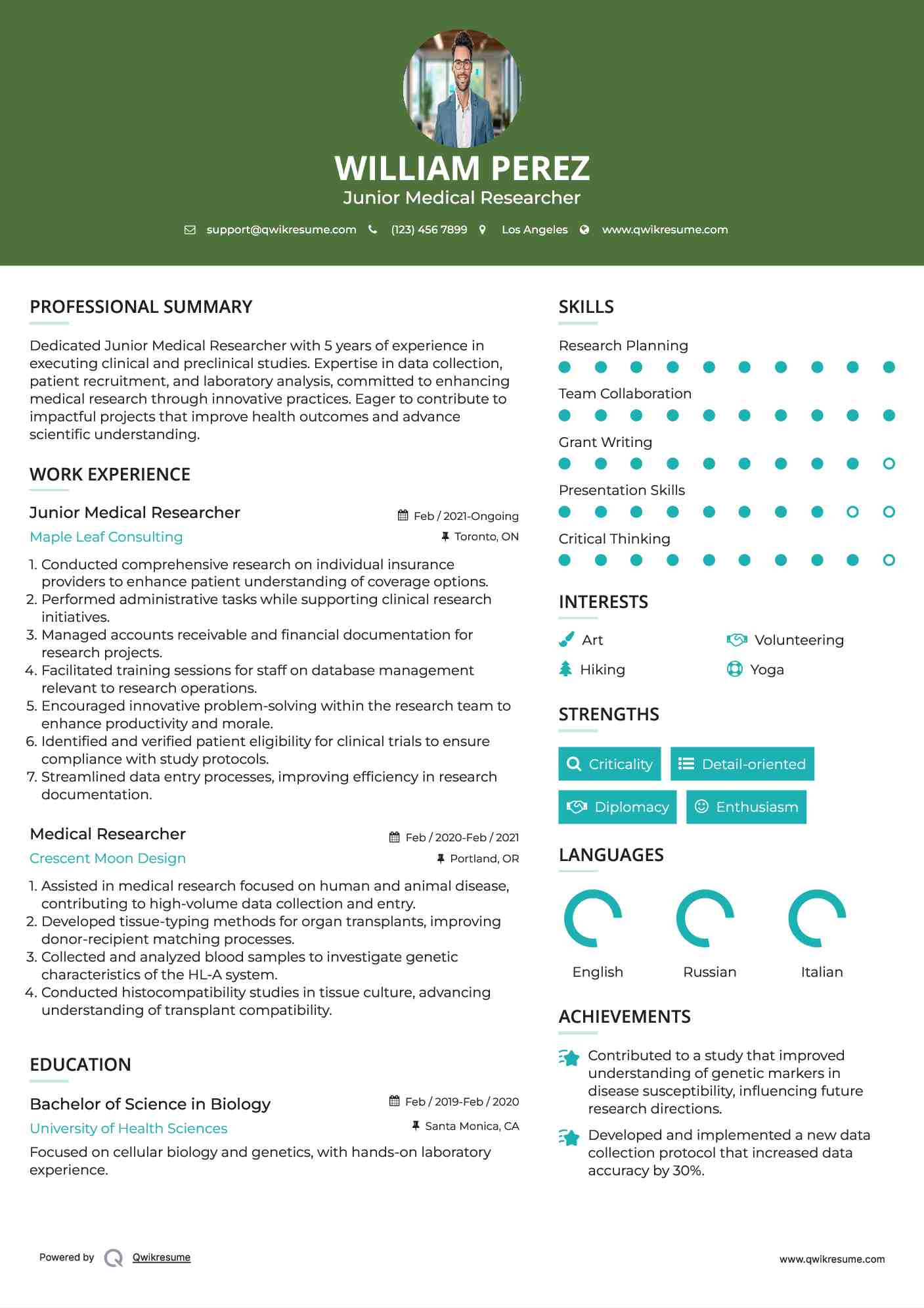 Junior Medical Researcher Resume Model