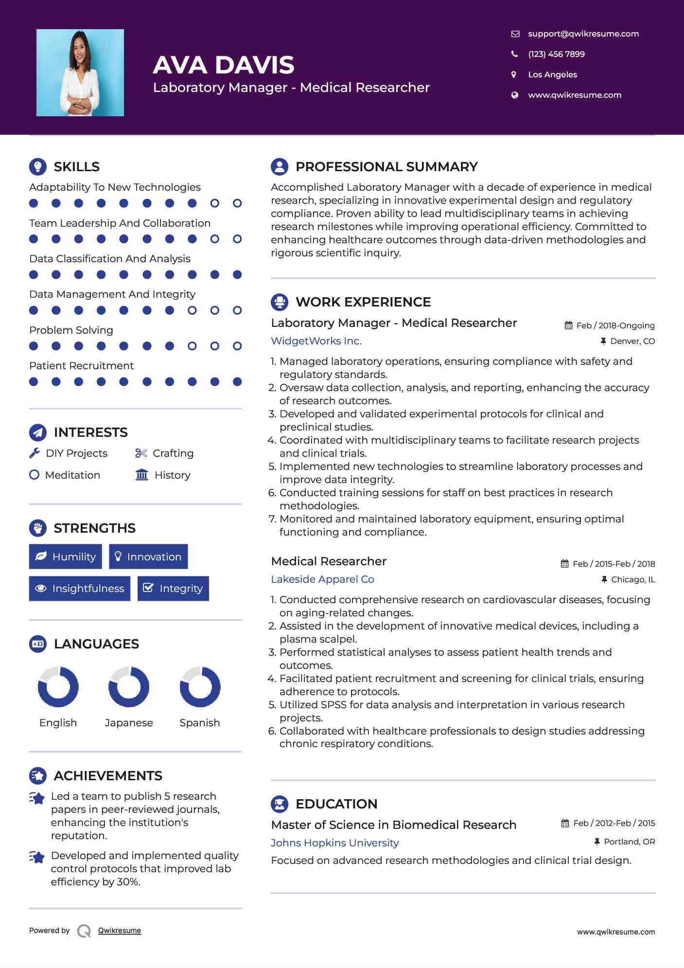 Laboratory Manager - Medical Researcher Resume Sample