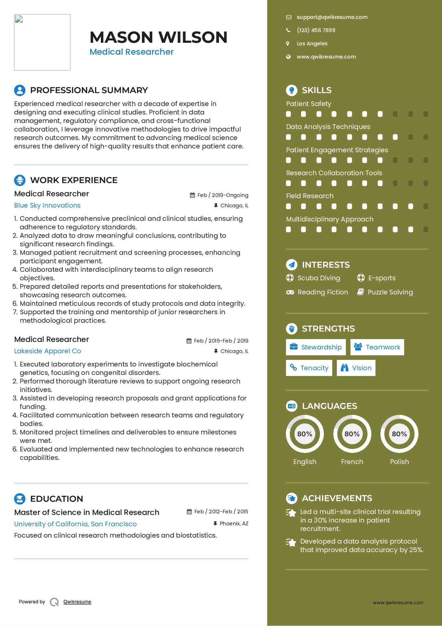 Medical Researcher Resume Example