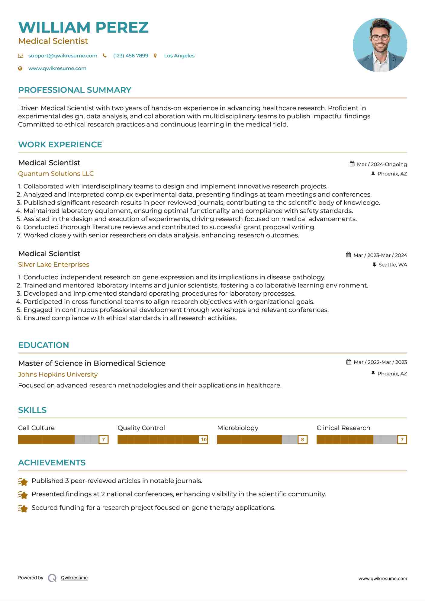 Medical Scientist Resume Sample