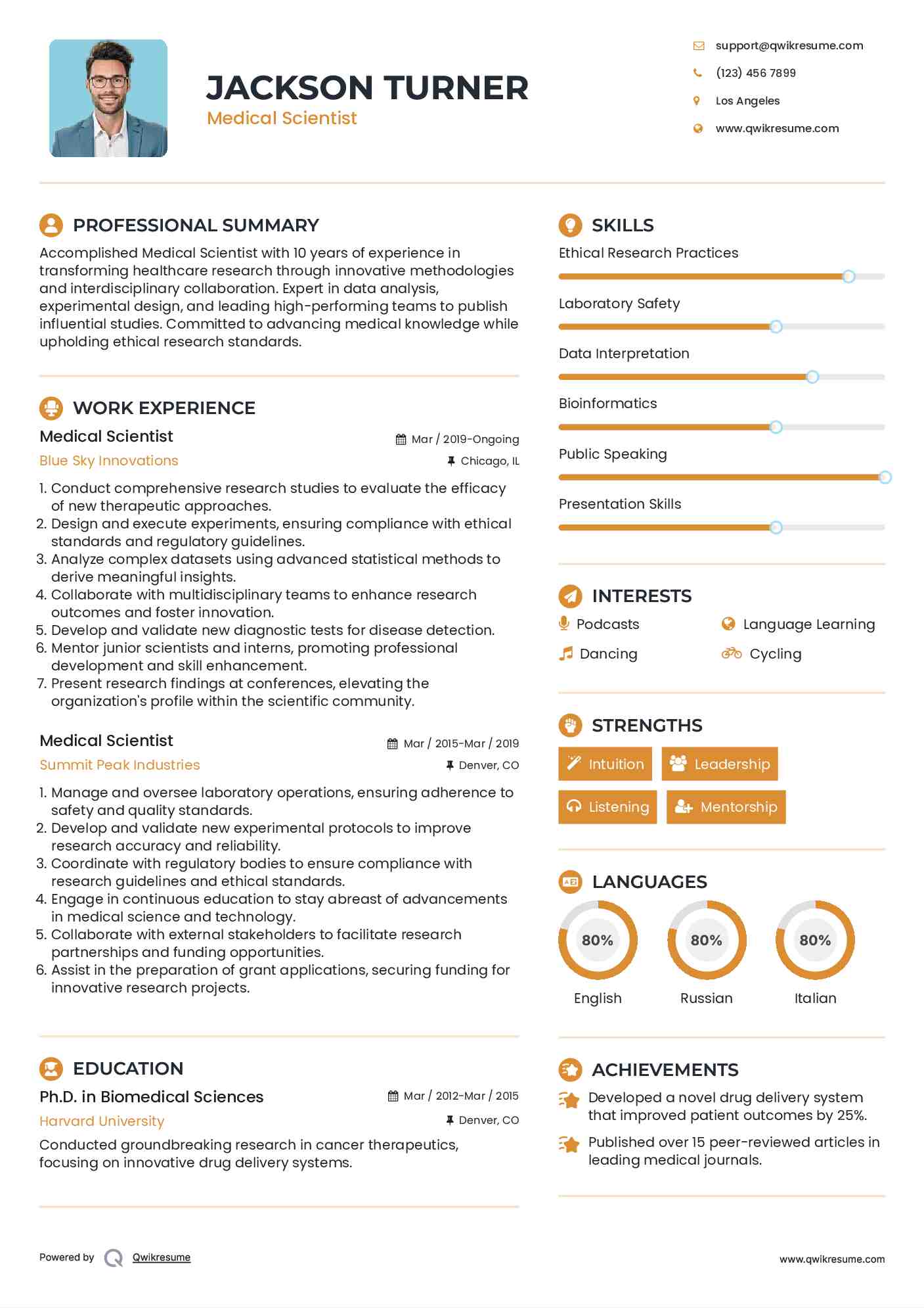 Medical Scientist Resume Example